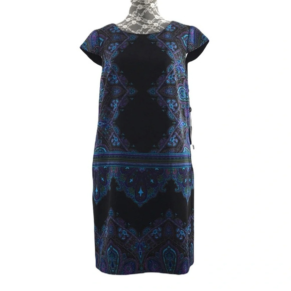 Adrianna Papell Black Blue Batik Print Crepe Shift‎ Dress Womens 6 Cap Sleeve - Picture 1 of 14